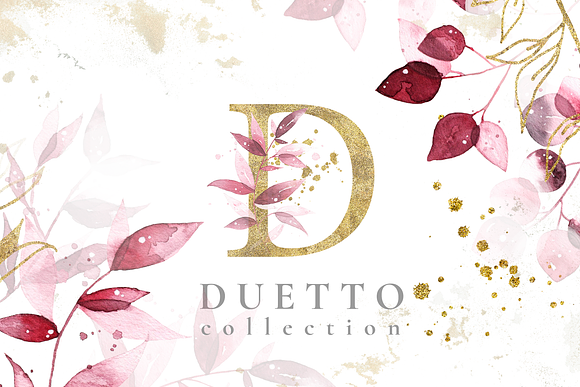 Duetto - gold watercolor leaf set in Illustrations - product preview 12