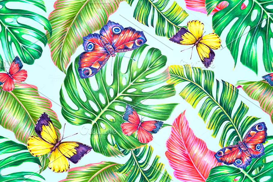 Tropical leaves,butterfly pattern in Patterns - product preview 8