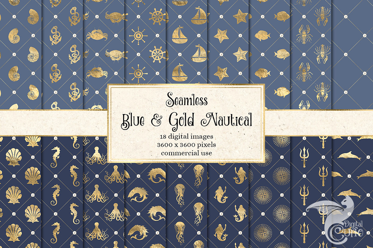 Blue and Gold Nautical Digital Paper in Patterns - product preview 8