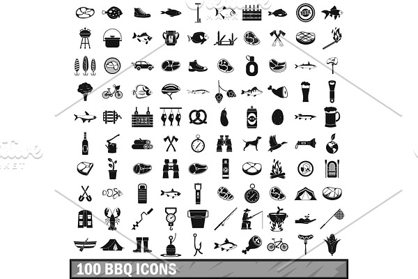 100 BBQ icons set, simple style