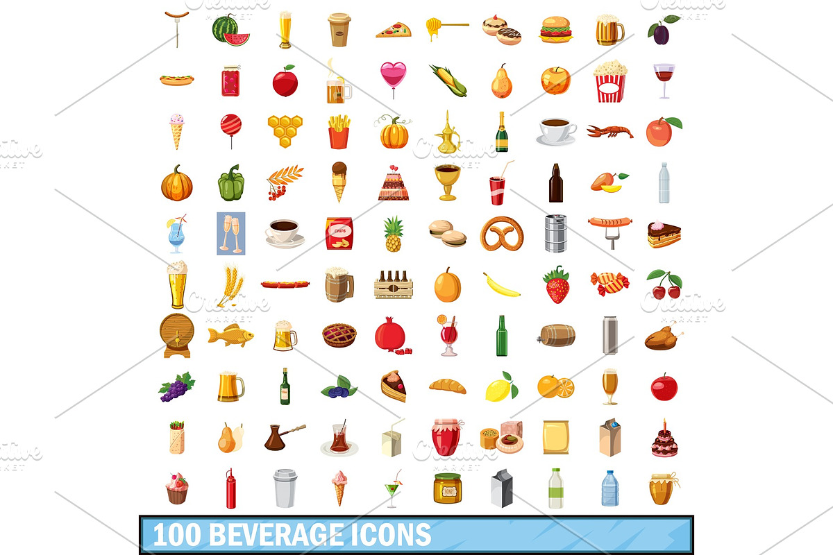 100 beverage icons set, cartoon in Illustrations - product preview 8
