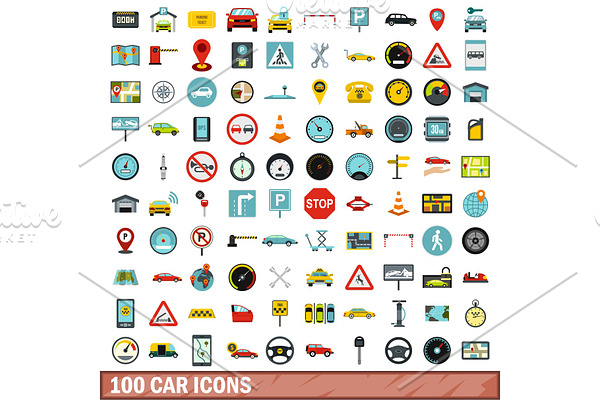100 car icons set, flat style