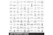 100 transport icons set, outline