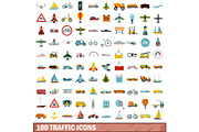 100 traffic icons set, flat style