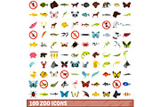 100 zoo icons set, flat style