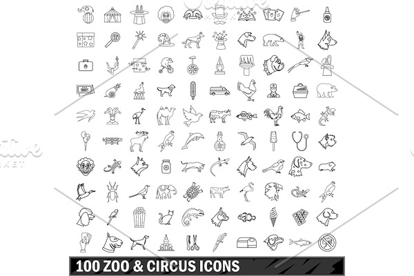 100 zoo and circus icons set