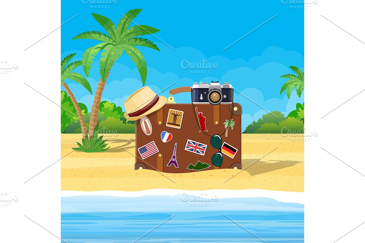 Vintage old travel suitcase on beach in Objects - product preview 8