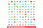 100 sea tourism icons set, cartoon