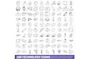 100 technology icons set, outline