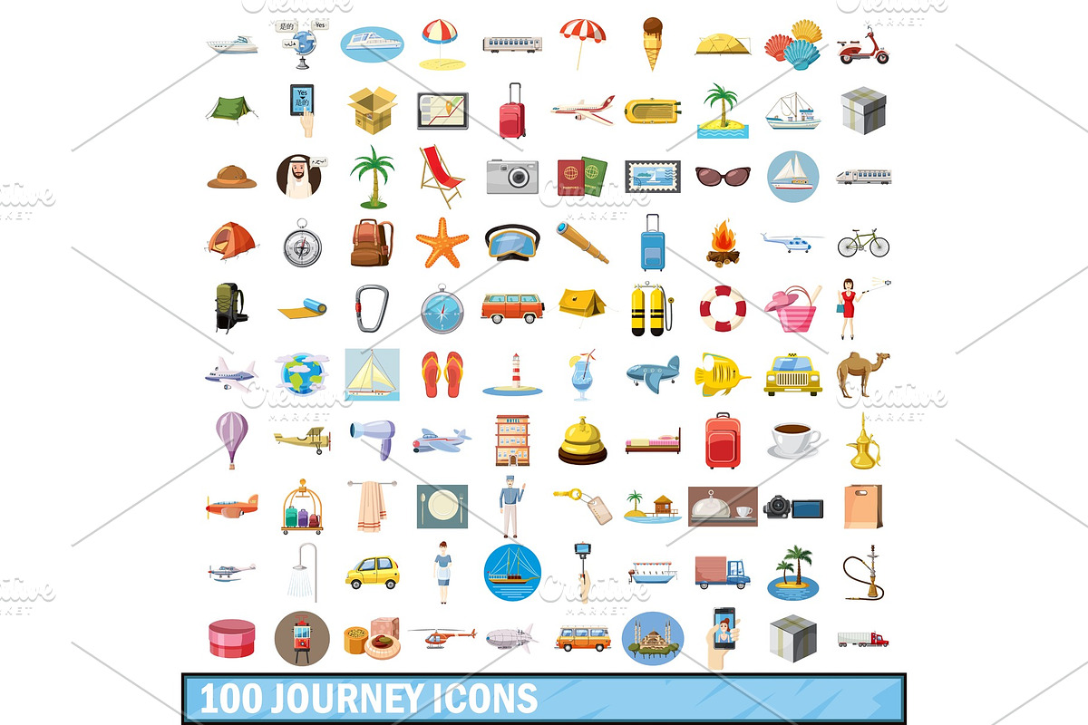 100 journey icons set, cartoon style in Illustrations - product preview 8