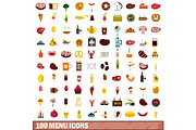 100 menu icons set, flat style
