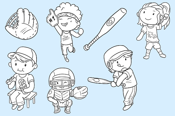 Kids Playing Baseball Digital Stamps in Illustrations - product preview 2