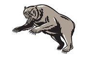 grizzly bear attacking woodcut style