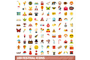 100 festival icons set, flat style