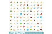 100 vehicle icons set, cartoon style