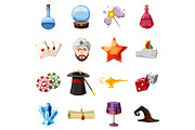 Magician icons set items, cartoon