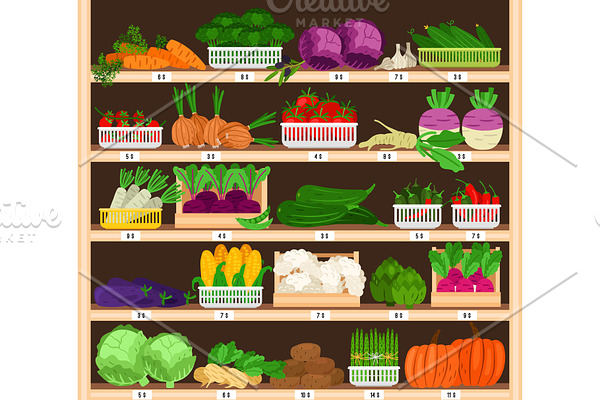 Vegetables on shelves. Market