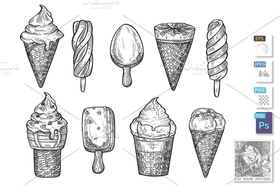 Ice cream wafer cup, on sticks set in Illustrations - product preview 8