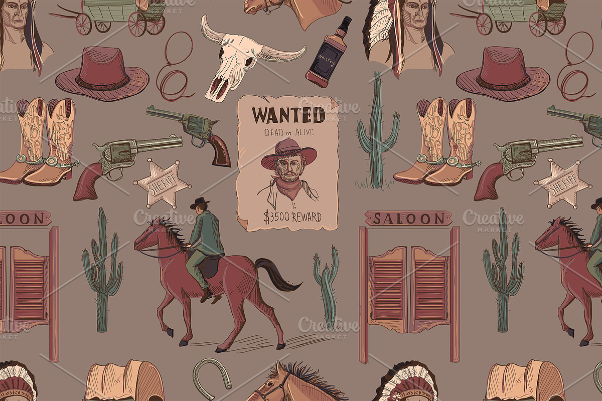 Wild West colored hand drawn pattern in Patterns - product preview 8