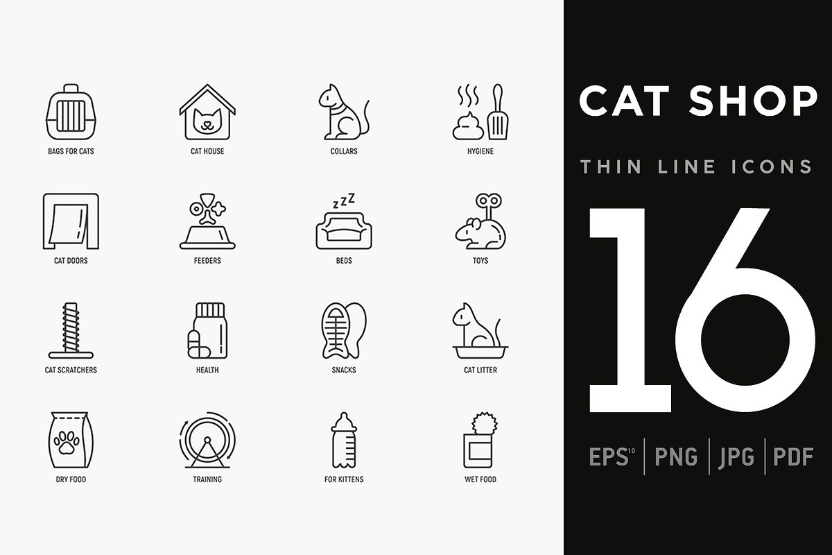 Cat Shop | 16 Thin Line Icons Set in Cat Icons - product preview 8