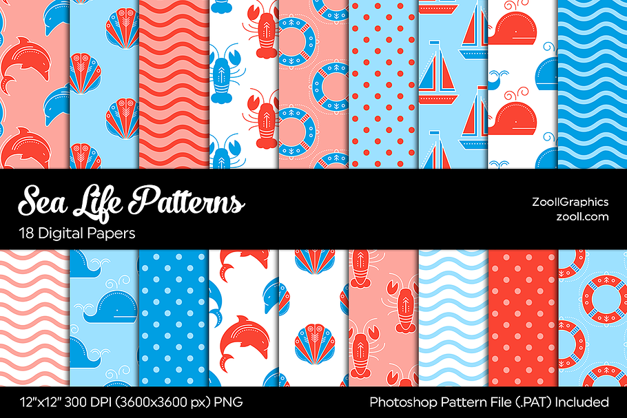 Sea Life Digital Papers - Red & Blue in Patterns - product preview 8
