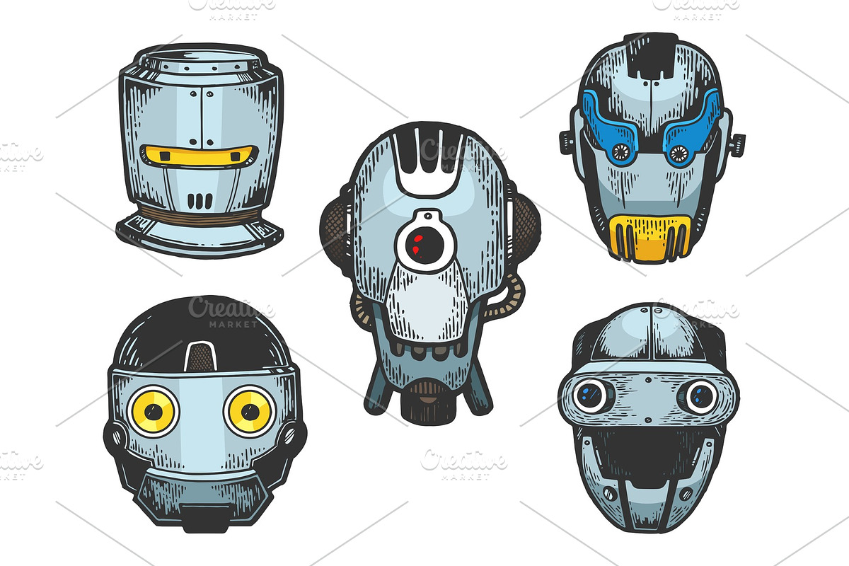 Cyborg robot heads set color sketch in Illustrations - product preview 8
