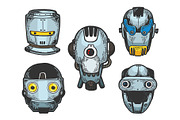 Cyborg robot heads set color sketch
