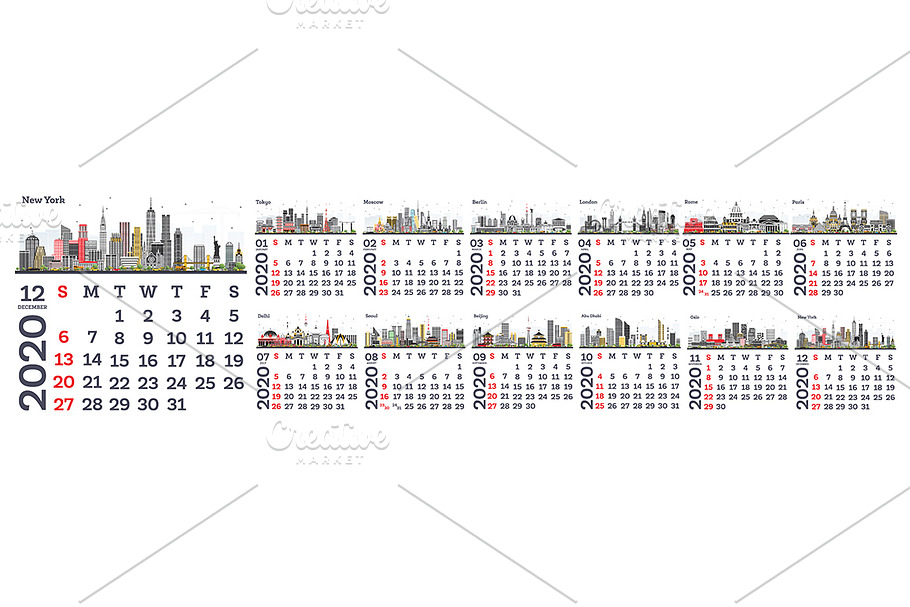 2020 Monthly Calendar with City