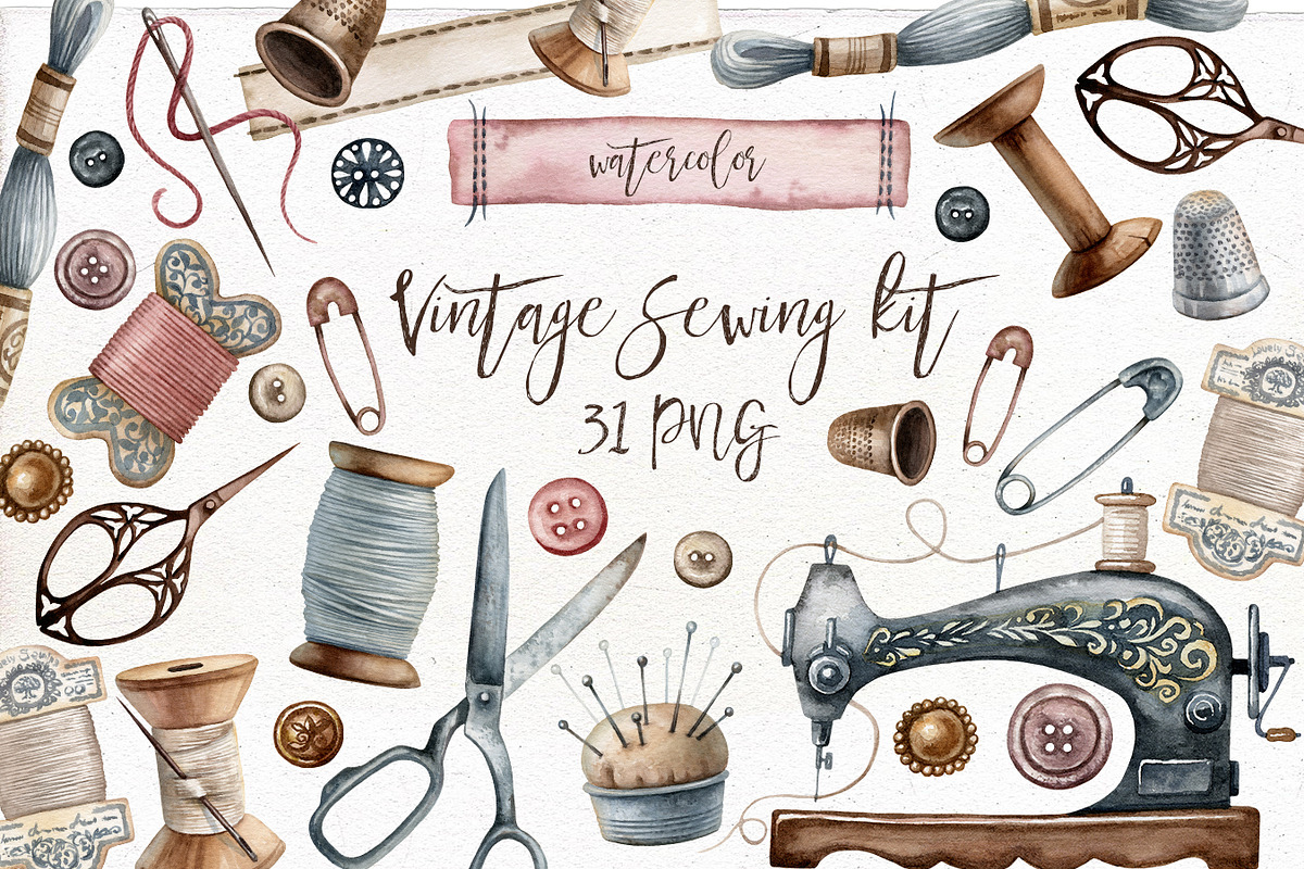 Watercolor vintage sewing kit. in Illustrations - product preview 8