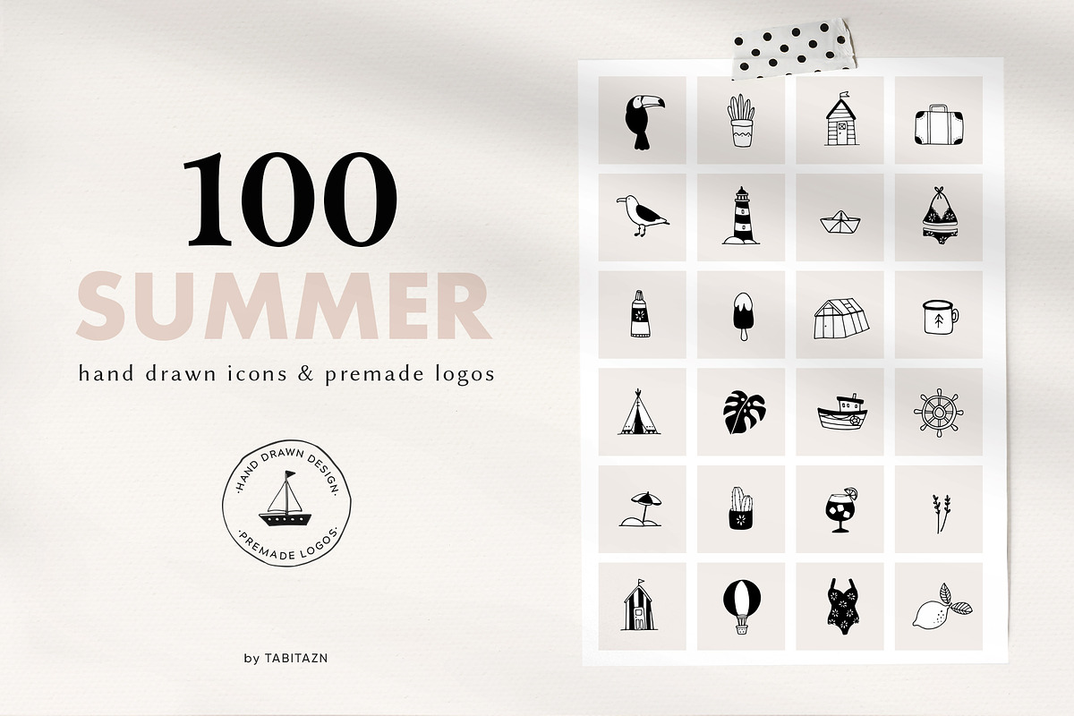 100 SUMMER hand drawn icons & logos in Illustrations - product preview 8