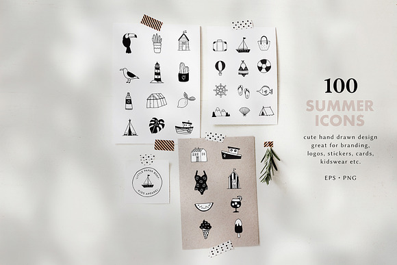 100 SUMMER hand drawn icons & logos in Illustrations - product preview 2