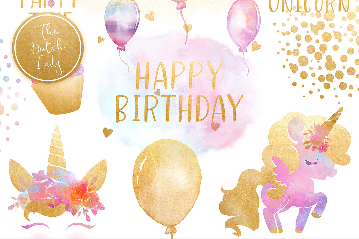 Unicorn Birthday Party Clipart Set in Illustrations - product preview 8