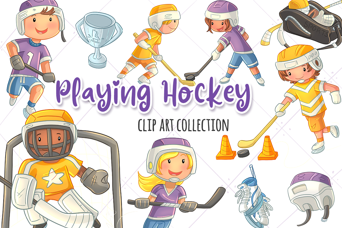 Cute Kids Playing Hockey Clip Art in Illustrations - product preview 8