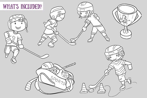 Kids Playing Hockey Black and White in Illustrations - product preview 1