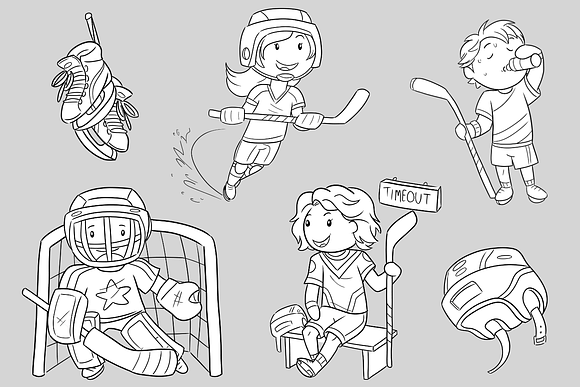 Kids Playing Hockey Black and White in Illustrations - product preview 2
