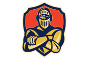 knight with arms crossed with shield
