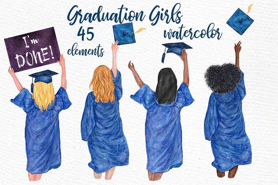 Graduation Clipart Watercolor Girls in Illustrations - product preview 8