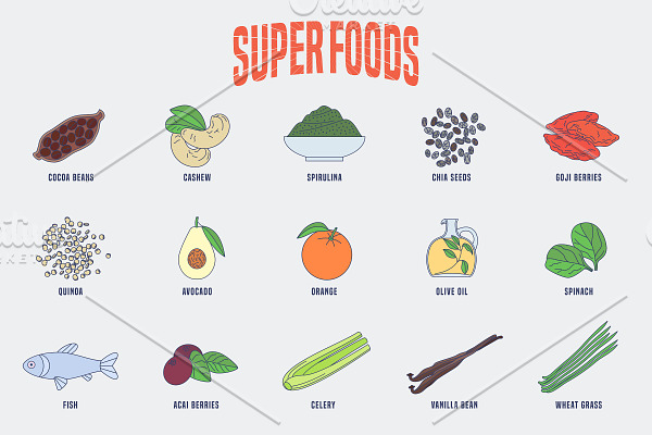 Set of superfoods products vector