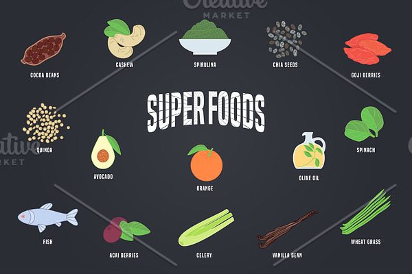 Set of superfoods products vector