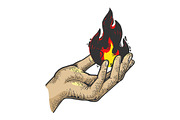 Fire in hand color sketch engraving