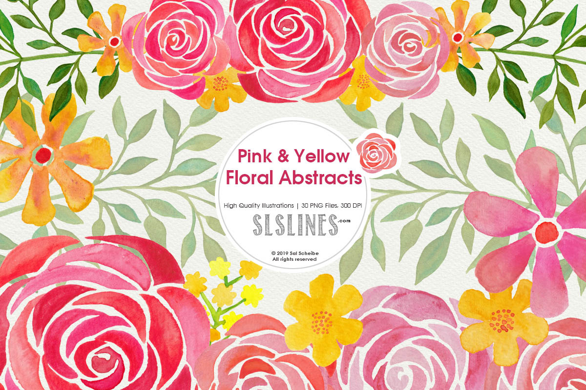 Pink & Yellow Watercolor Florals in Illustrations - product preview 8
