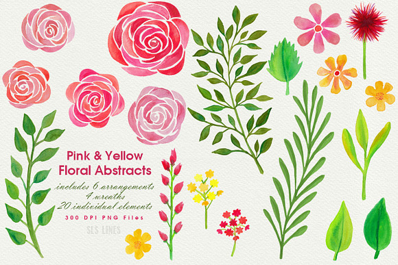 Pink & Yellow Watercolor Florals in Illustrations - product preview 1
