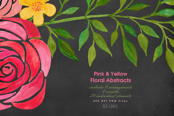 Pink & Yellow Watercolor Florals in Illustrations - product preview 5