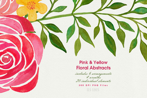 Pink & Yellow Watercolor Florals in Illustrations - product preview 6