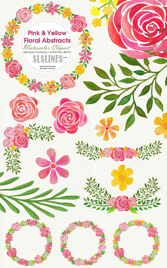 Pink & Yellow Watercolor Florals in Illustrations - product preview 7
