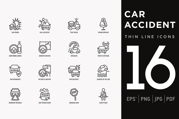 Car Accident | 16 Thin Line Icons