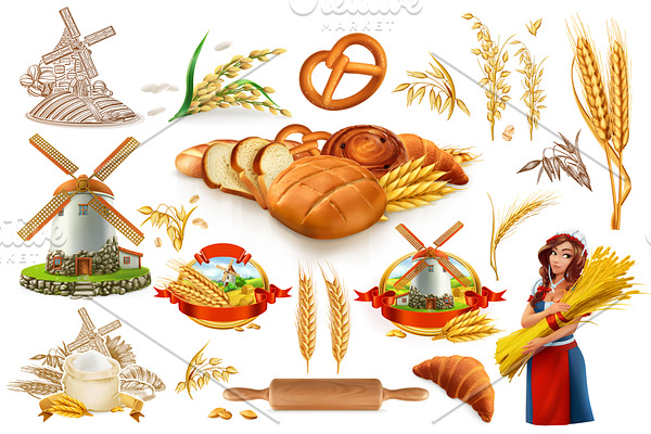 Wheat, oat, rice flour. Bakery icons