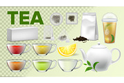 Tea Cups And Pot Kitchenware Vector