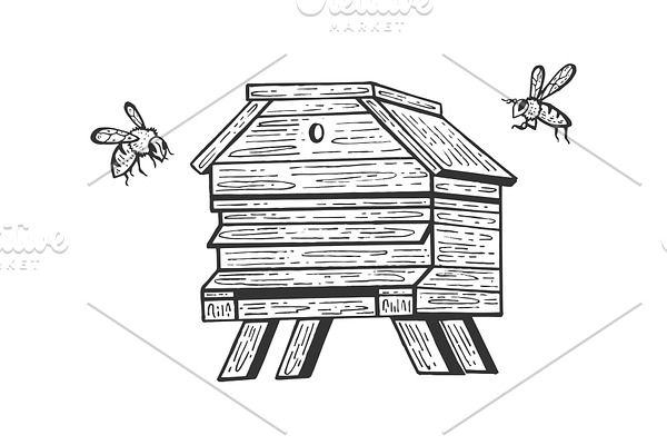 Bee hive and bees sketch engraving