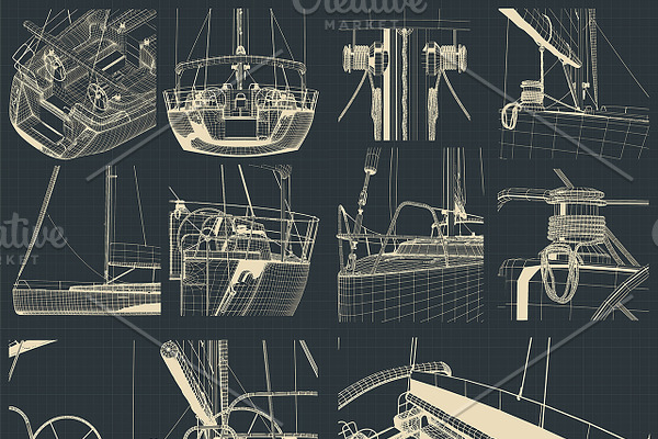Drawings of a sailing yacht